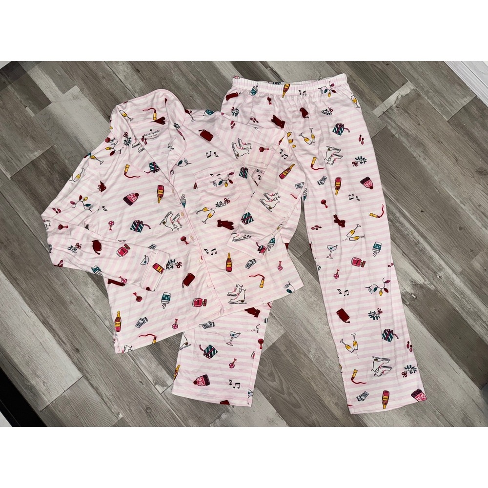Kate Spade Pajama Set Womens Pink Striped Holiday Print Small